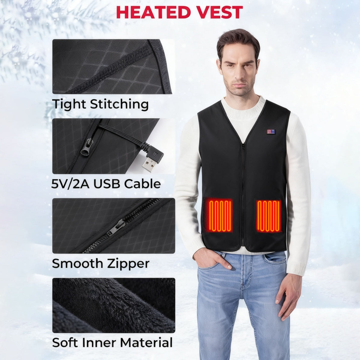V-neck zipper winter warm smart heating sports vest