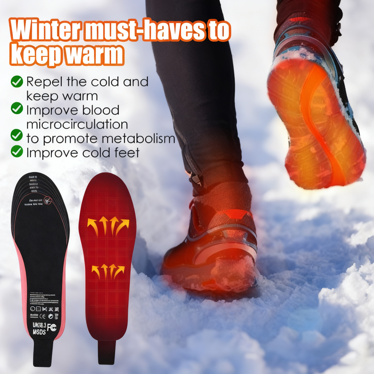 Rechargeable Heated/Adjustable Size Outdoor Sports Heated Insoles